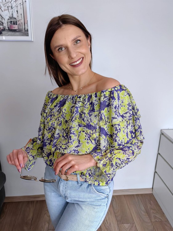 Bluzka hiszpanka z falbankami wiskoza limonkowo-fioletowa