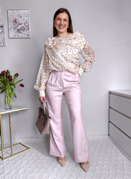 Elegancka szyfonowa bluzka/body z różą beżowa w żółte kwiaty