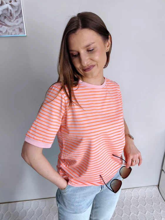 T-shirt w paski puder róż / neonowy pomarańcz