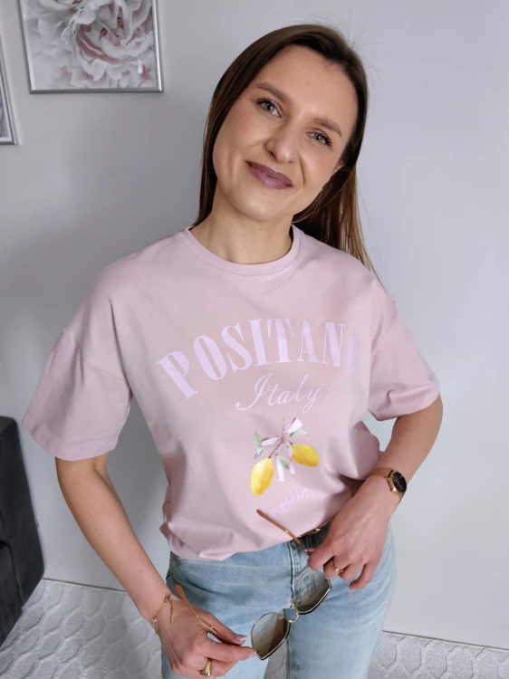 T-shirt z printem Positiano cytrynki pudrowy róż