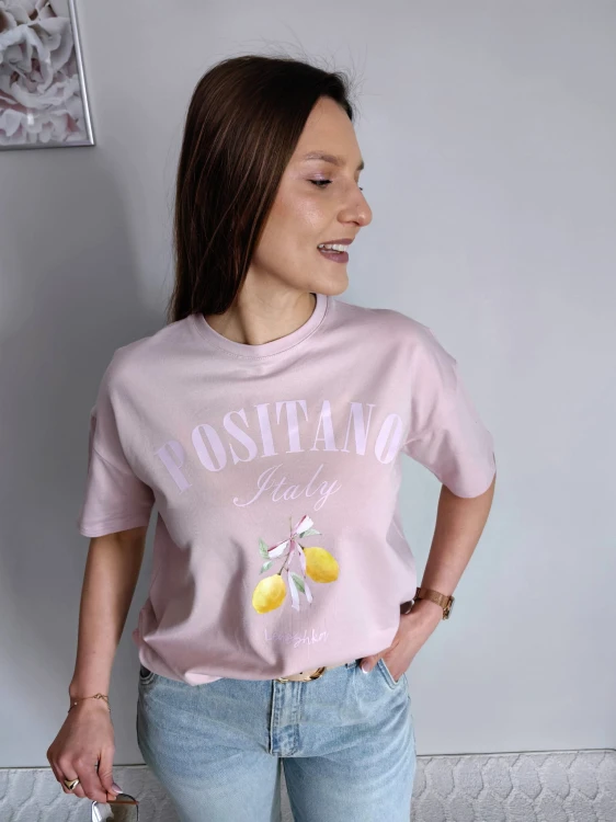 T-shirt z printem Positiano cytrynki pudrowy róż