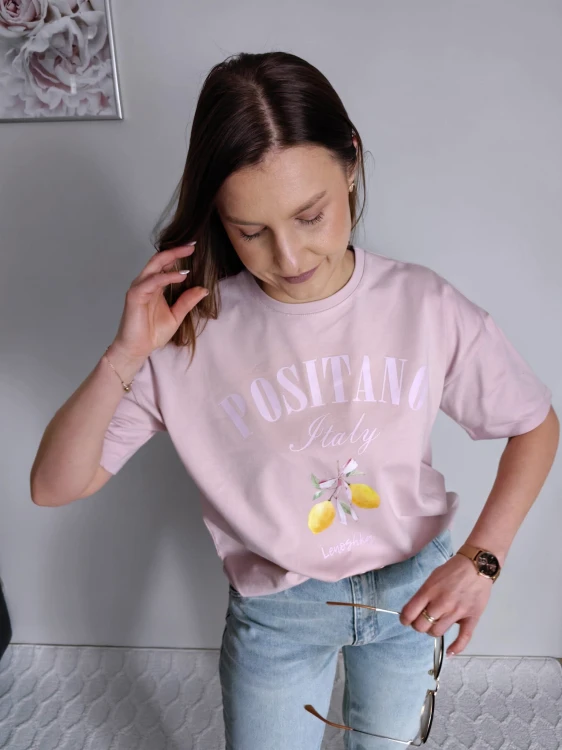 T-shirt z printem Positiano cytrynki pudrowy róż