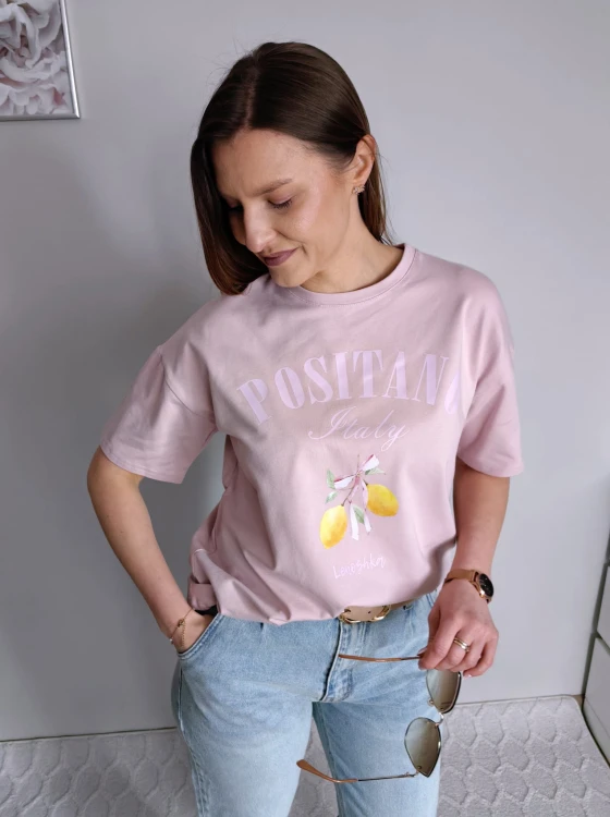 T-shirt z printem Positiano cytrynki pudrowy róż