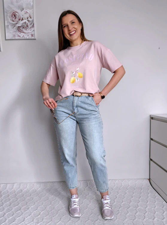 T-shirt z printem Positiano cytrynki pudrowy róż