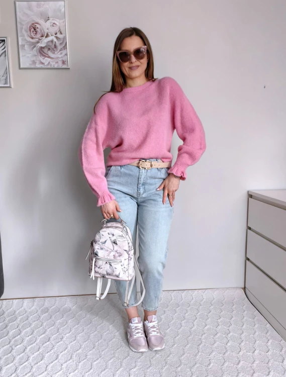 Sweter basic z 30% baby alpaka i rękawem dzwonek cukierkowy róż