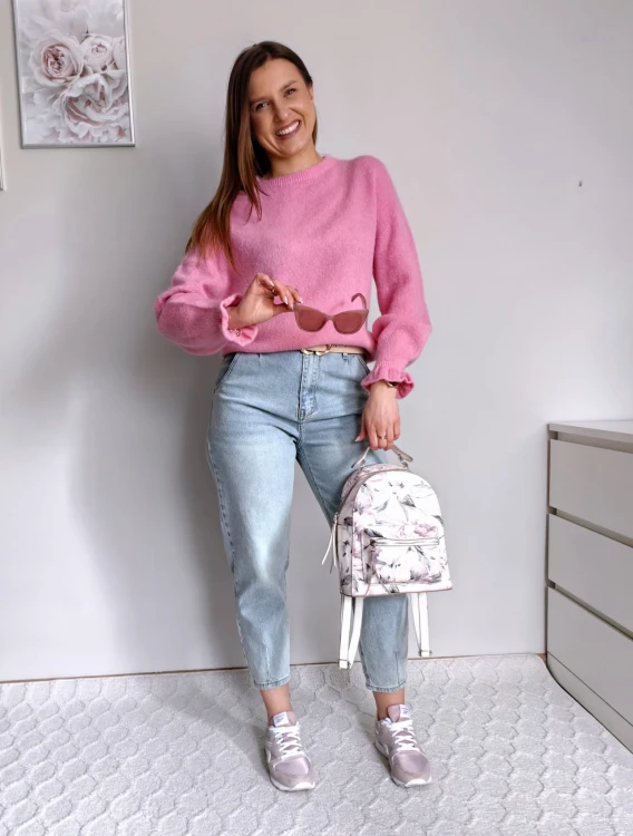 Sweter basic z 30% baby alpaka i rękawem dzwonek cukierkowy róż