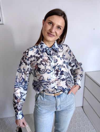 Koszula w kwiaty mgiełka niebiesko-szara