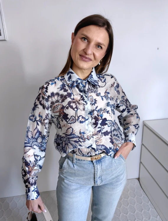 Koszula w kwiaty mgiełka niebiesko-szara