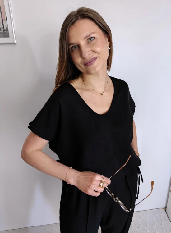 Komplet z lnem i wiskozą bluzka i spodnie balloon czarny