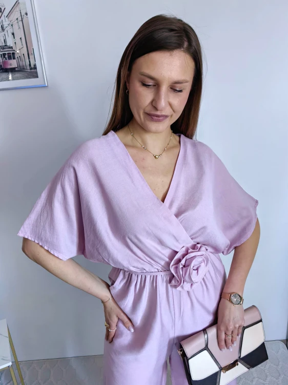 Kombinezon gładki z różą nietoperz/kimono culotte wiskoza liliowy
