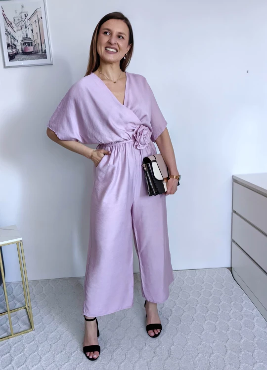 Kombinezon gładki z różą nietoperz/kimono culotte wiskoza liliowy