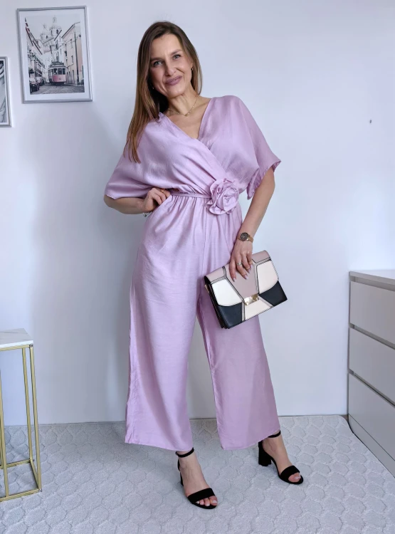 Kombinezon gładki z różą nietoperz/kimono culotte wiskoza liliowy