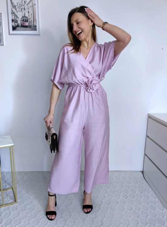 Kombinezon gładki z różą nietoperz/kimono culotte wiskoza liliowy