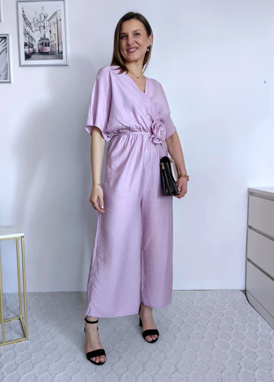 Kombinezon gładki z różą nietoperz/kimono culotte wiskoza liliowy