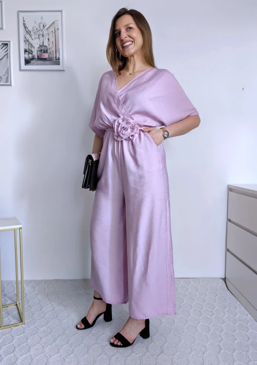 Kombinezon gładki z różą nietoperz/kimono culotte wiskoza liliowy
