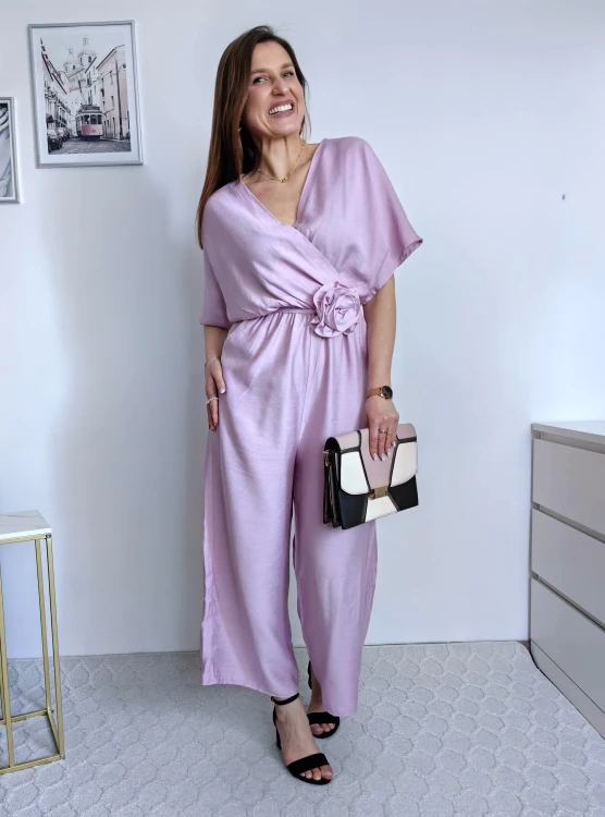 Kombinezon gładki z różą nietoperz/kimono culotte wiskoza liliowy