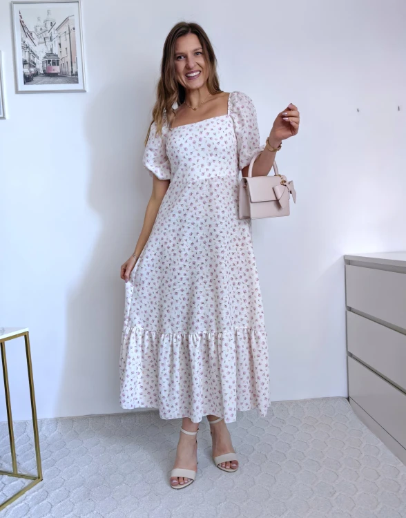Sukienka midi/maxi 40 % len śmietankowa w drobne kwiatki