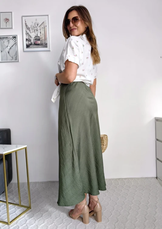 Spódnica midi na gumce satynowa gładka 87% wiskoza khaki