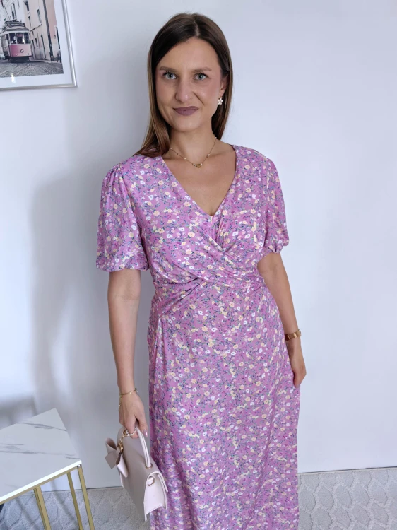 Sukienka maxi 100% wiskoza z bufiastymi rękawami fioletowa w kwiatki