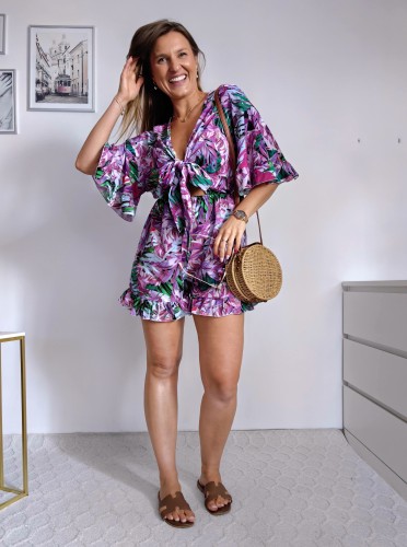 Krótki kombinezon 100% wiskoza w print jungle różowo-zielony