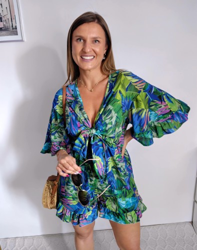 Krótki kombinezon 100% wiskoza w print jungle niebiesko-zielony