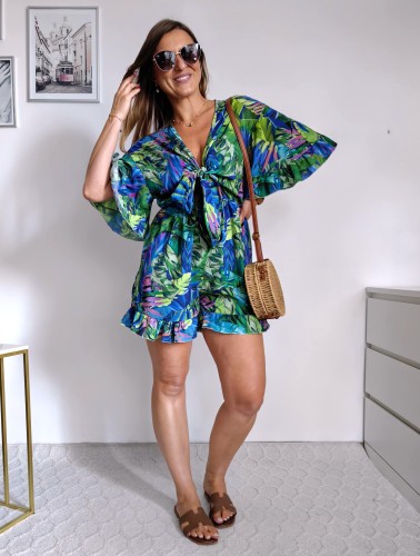 Krótki kombinezon 100% wiskoza w print jungle niebiesko-zielony