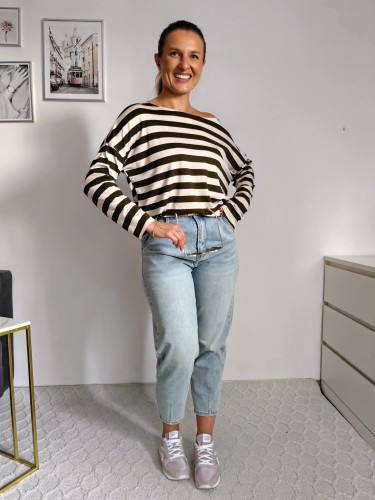 Bluzka basic longsleeve w paski beżowo-khaki 95% wiskoza