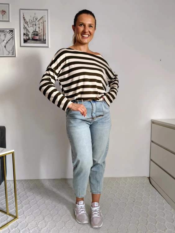 Bluzka basic longsleeve w paski beżowo-khaki 95% wiskoza