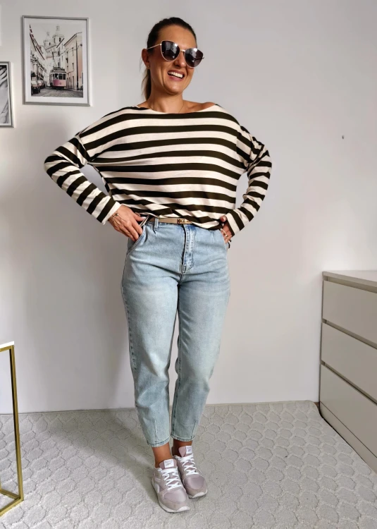 Bluzka basic longsleeve w paski beżowo-khaki 95% wiskoza