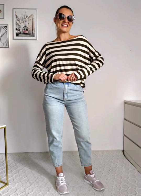 Bluzka basic longsleeve w paski beżowo-khaki 95% wiskoza