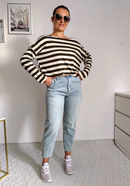 Bluzka basic longsleeve w paski beżowo-khaki 95% wiskoza