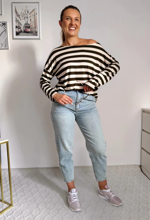 Bluzka basic longsleeve w paski beżowo-khaki 95% wiskoza