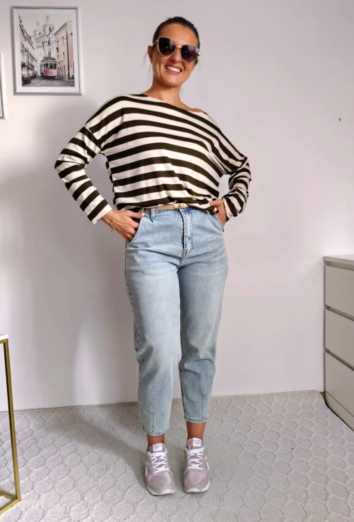 Bluzka basic longsleeve w paski beżowo-khaki 95% wiskoza