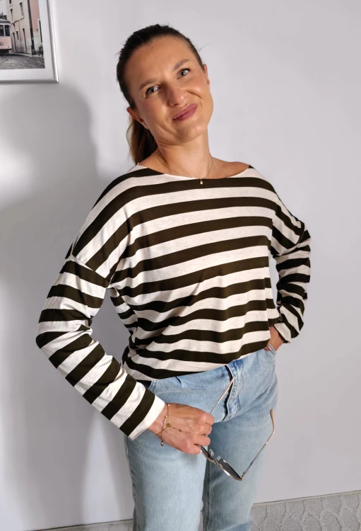 Bluzka basic longsleeve w paski beżowo-khaki 95% wiskoza