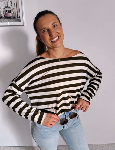 Bluzka basic longsleeve w paski beżowo-khaki 95% wiskoza