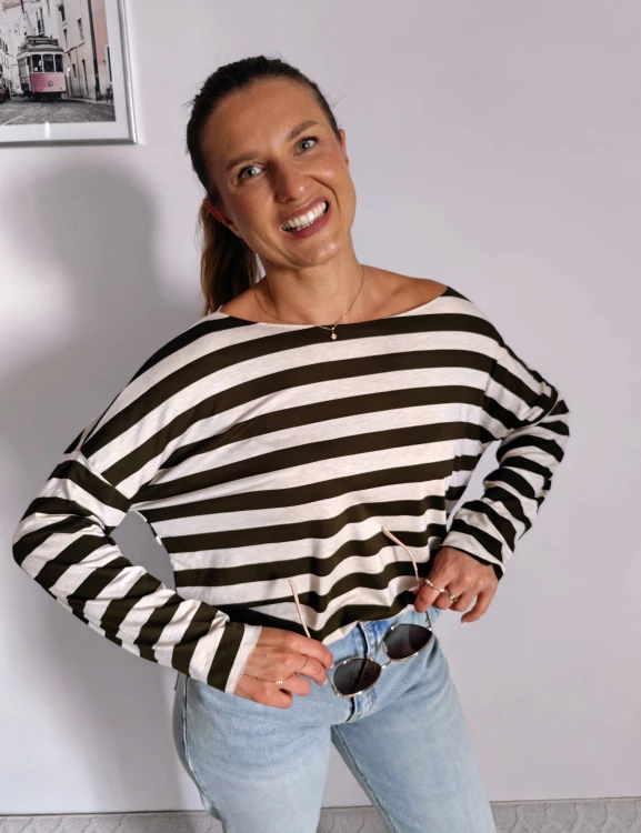 Bluzka basic longsleeve w paski beżowo-khaki 95% wiskoza