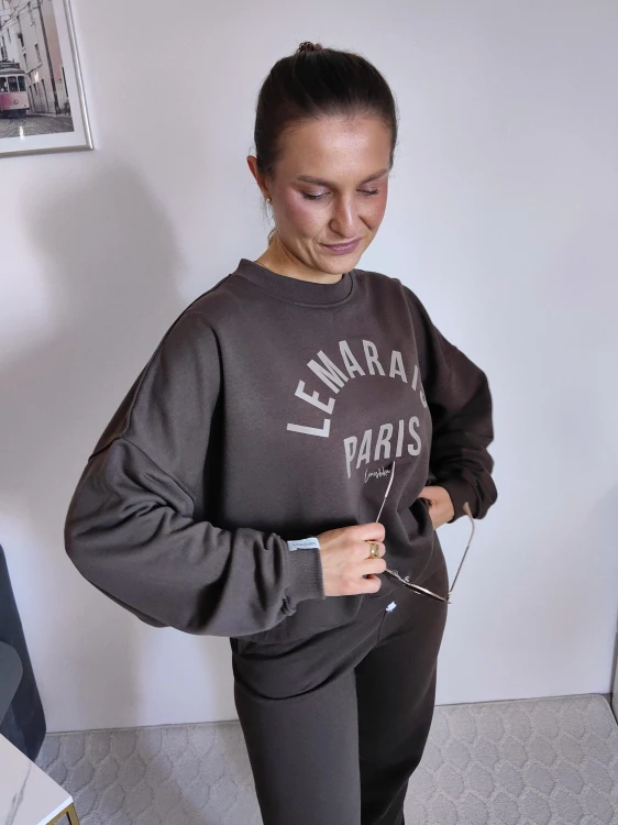 Bluza basic short czekolada z beżowym napisem 95% bawełna