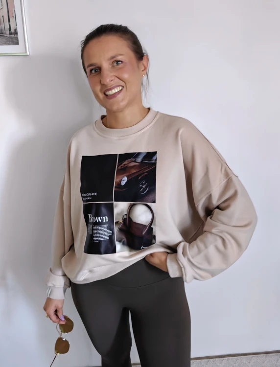 Bluza basic short beżowa z kolażem brown mood 95% bawełna