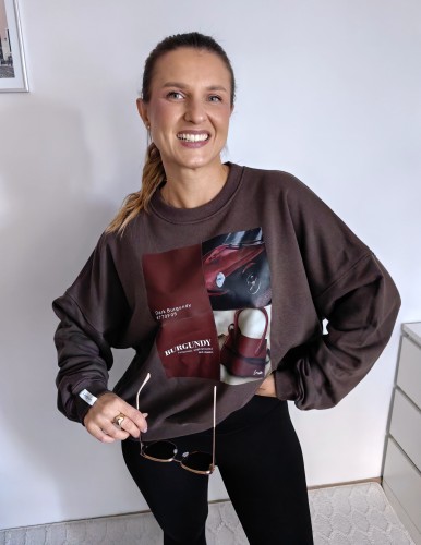 Bluza basic short czekolada z kolażem burgundy mood 95% bawełna