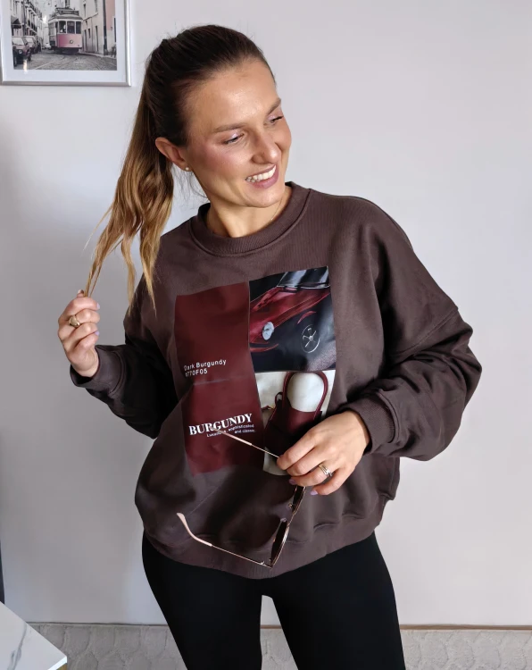 Bluza basic short czekolada z kolażem burgundy mood 95% bawełna
