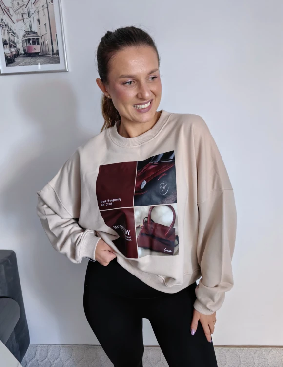 Bluza basic short beżowa z kolażem burgundy mood 95% bawełna