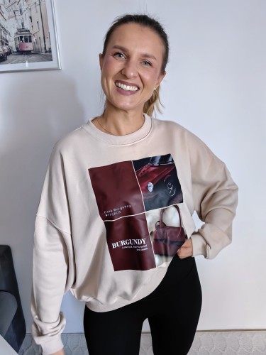 Bluza basic short beżowa z kolażem burgundy mood 95% bawełna