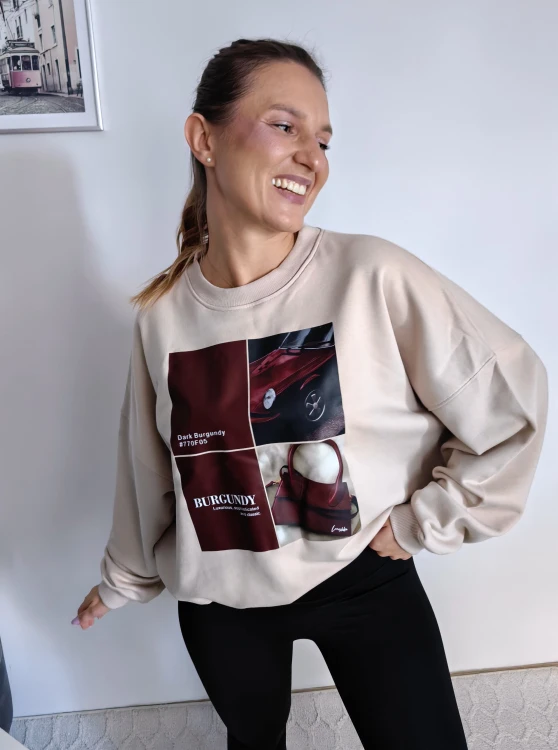 Bluza basic short beżowa z kolażem burgundy mood 95% bawełna