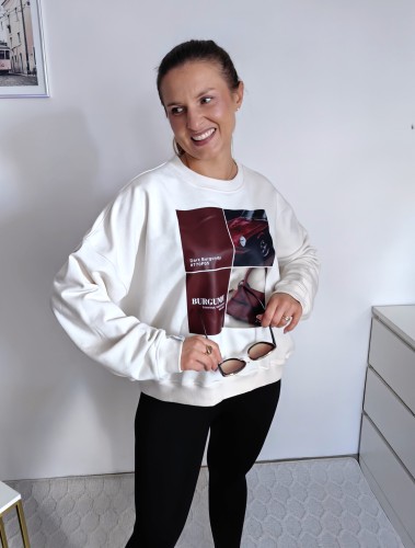 Bluza basic short kokos z kolażem burgundy mood 95% bawełna