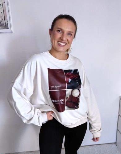 Bluza basic short kokos z kolażem burgundy mood 95% bawełna