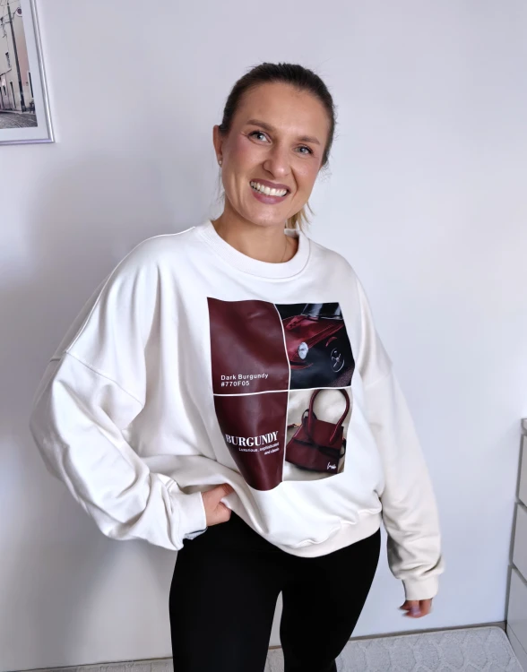Bluza basic short kokos z kolażem burgundy mood 95% bawełna
