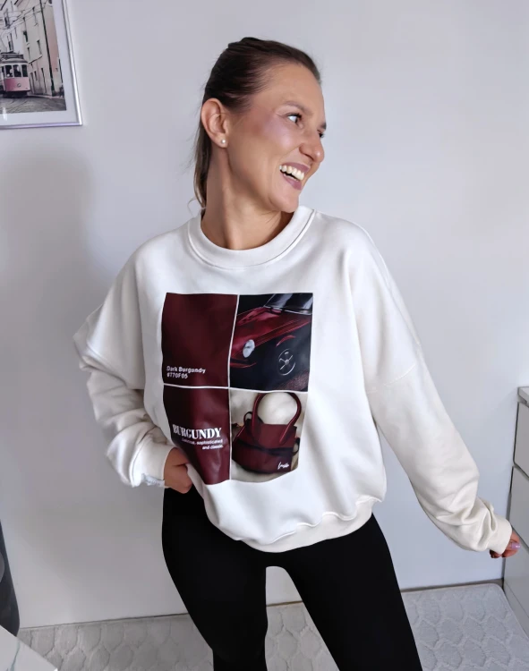Bluza basic short kokos z kolażem burgundy mood 95% bawełna