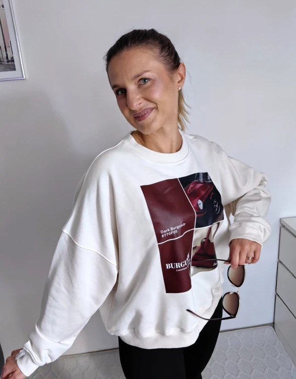 Bluza basic short kokos z kolażem burgundy mood 95% bawełna